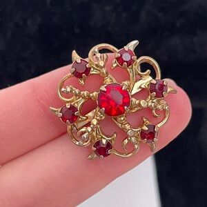 Vintage 40's CORO Red Rhinestone Holiday Christmas Abstract Regency Pin / Brooch